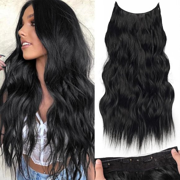 Other - Invisible Wire Hair Extensions Black Long Wavy 20 Inch Clip-In Women
